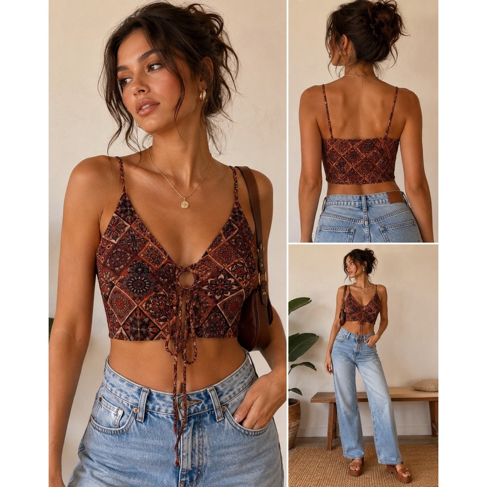 NWT‎ Cider Boho Paisley Brown Geometric Lace Up Front Crop Top Small